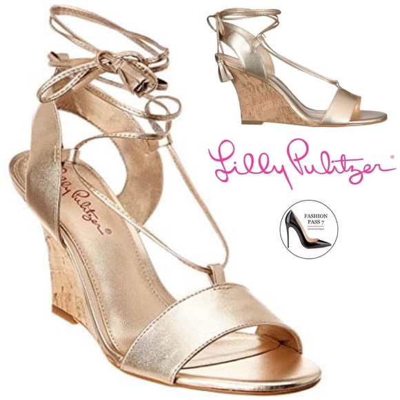 Lilly Pulitzer Shoes - Lilly Pulitzer Aria Cork Wedge Heel Gold Leather Pump Sandal Lace Up Dress Shoes